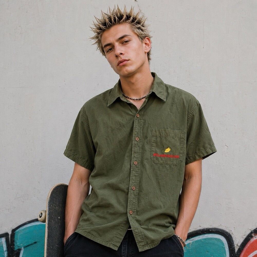 Flamehead USA Mens Large Button Up Shirt Short Sleeve Green Skate Punk 90s Y2K
